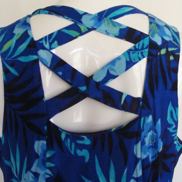 Vintage DAWN JOY Maxi Dress, 7/8, Blue Floral, Crossed back, Buttons, Sleeveless - Picture 6 of 12